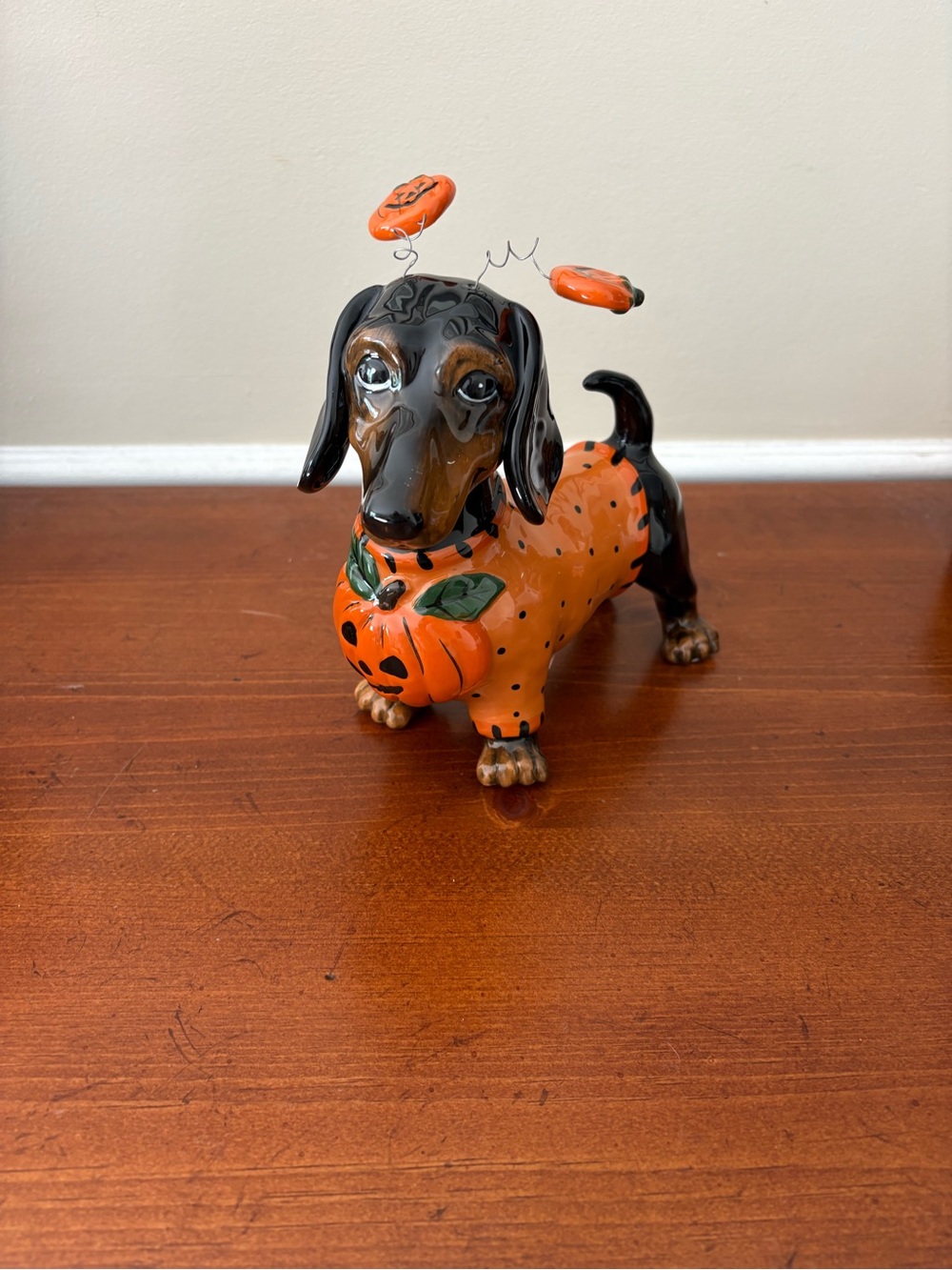Blue Sky Halloween Dachshund Dog Figurine - Orange Pumpkin Design
